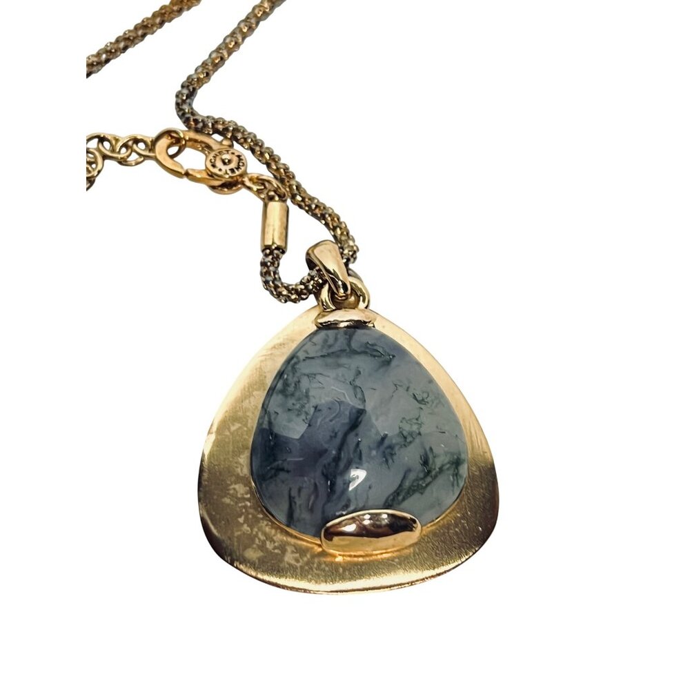Monet Gold Tone Byzantine Chain Necklace W/ Blue Green Semi Precious Pendant (62 - Picture 5 of 8